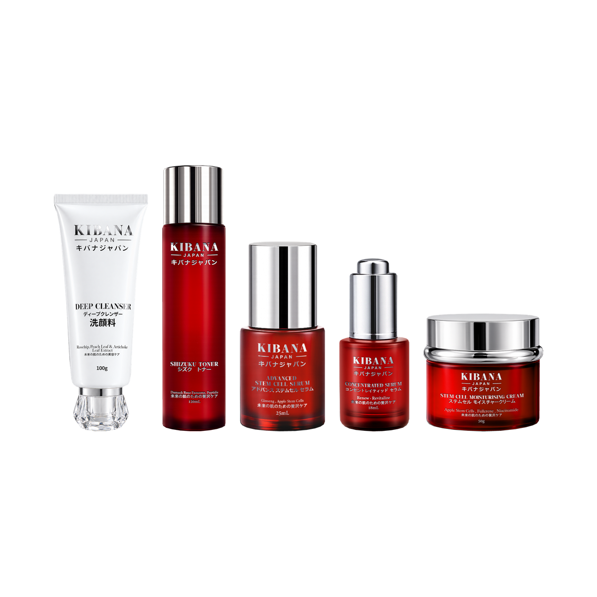 KIBANA The 5-Step Ritual: Deep Cleanser 100g, SHIZUKU Toner 120mL, Advanced Stem Cell Serum 25mL, Concentrated Serum 18mL, Stem Cell Moisturising Cream 50g.